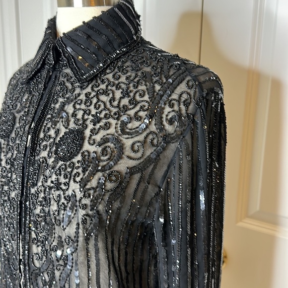 JKara Black Beaded Sequin Button Down Blouse - Picture 3 of 15